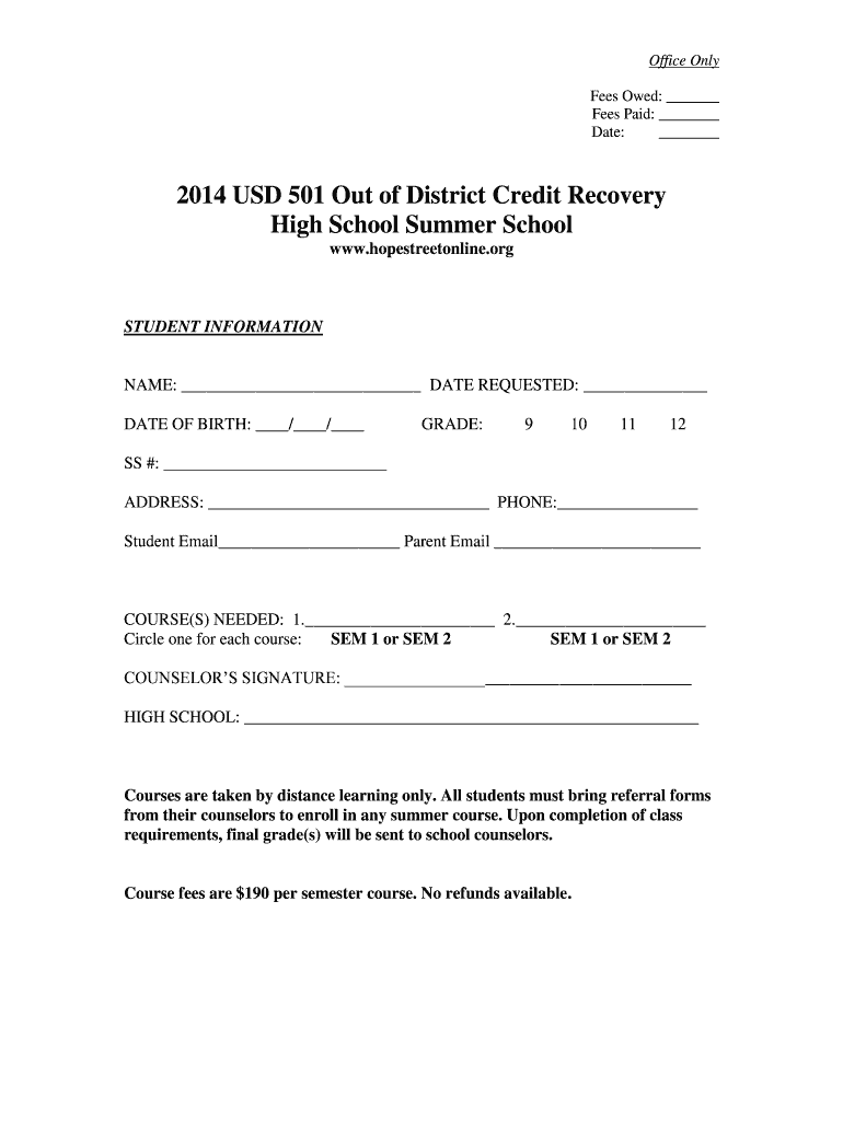 Fillable Online 2014 summer school credit recovery