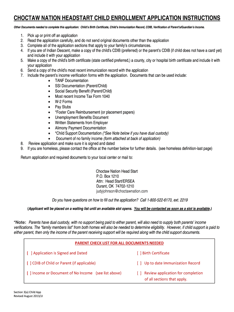 Fillable Online Choctaw nation headstart child enrollment application