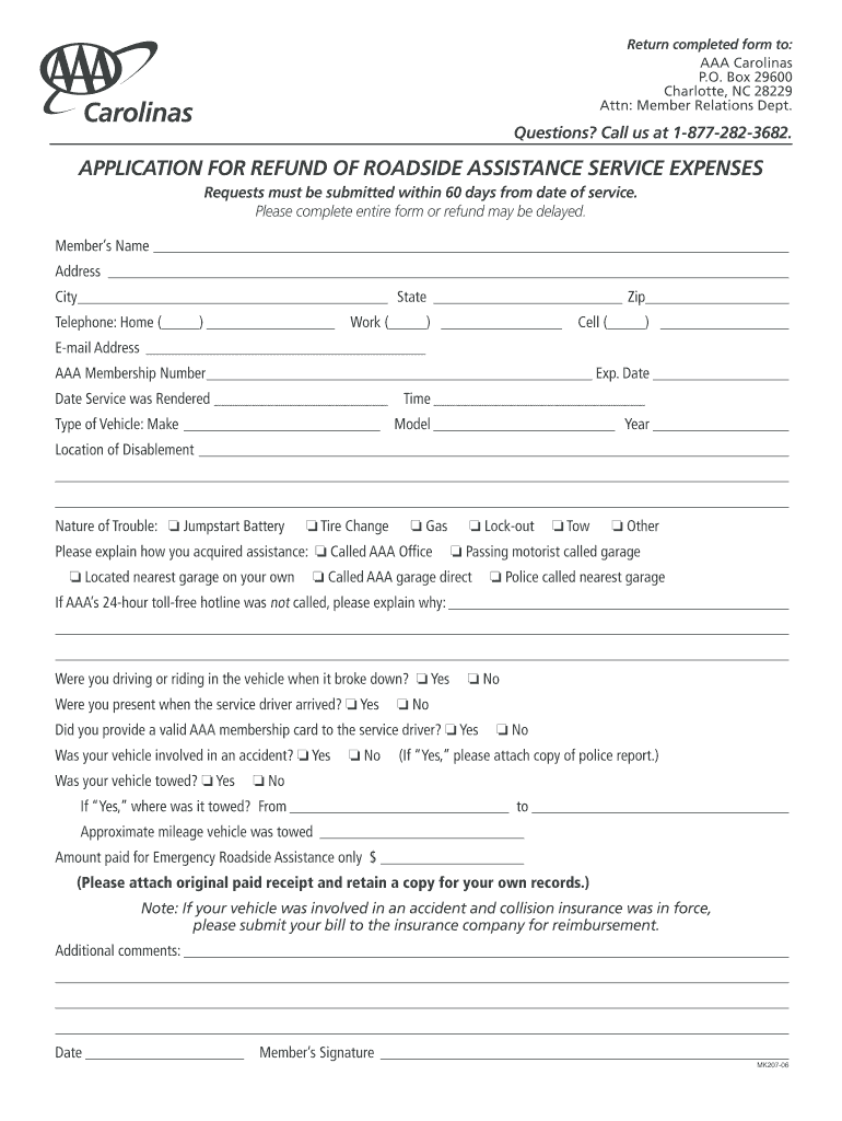 2006 Form AAA Carolinas Application for Refund of Roadside Assistance