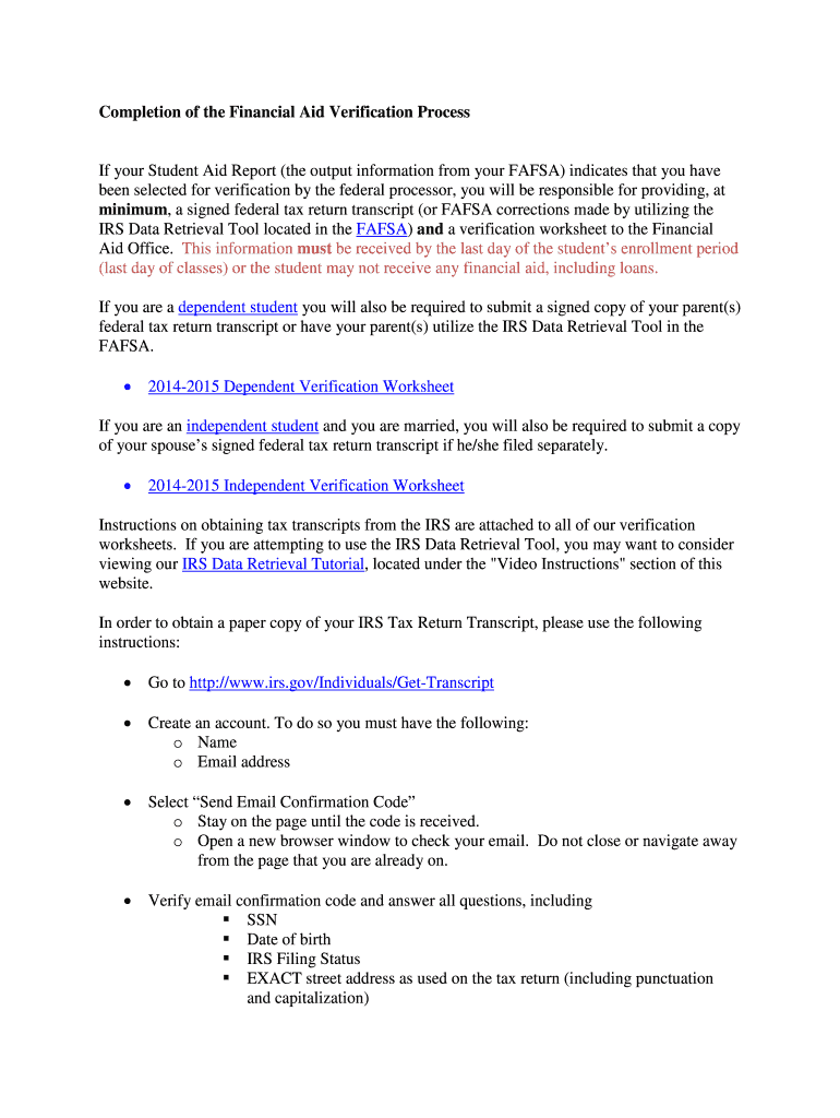 Fillable Online frostburg Completion of the Financial Aid Verification Process If your Student