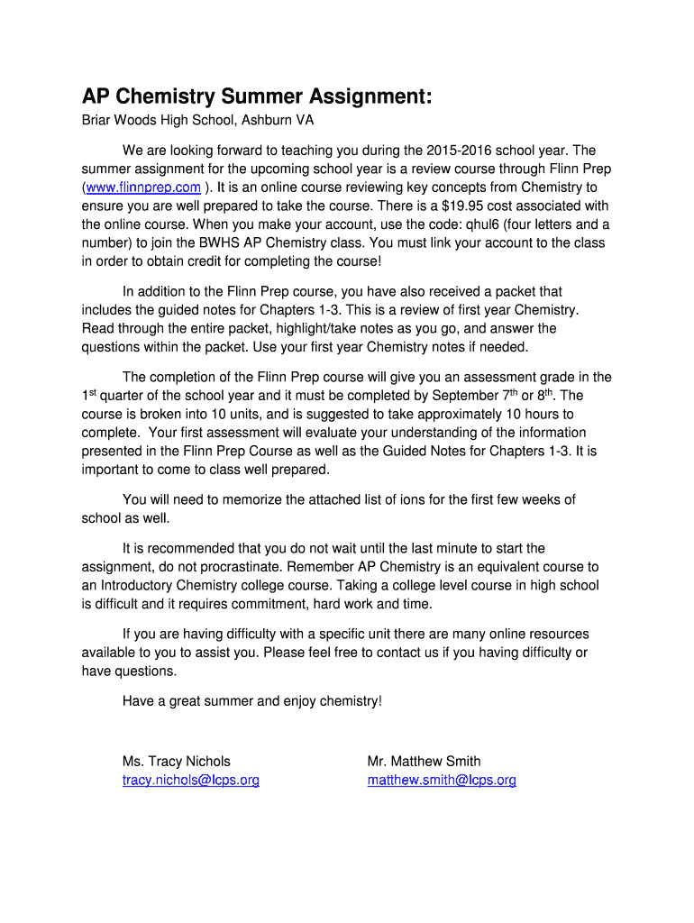 Fillable Online AP Chemistry Summer Assignment Fax Email Print pdfFiller