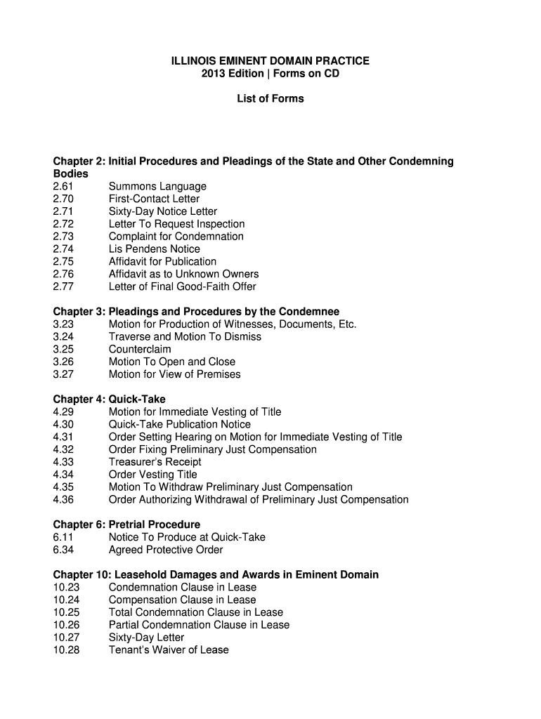 Fillable Online ILLINOIS EMINENT DOMAIN PRACTICE 2013 Edition Forms on