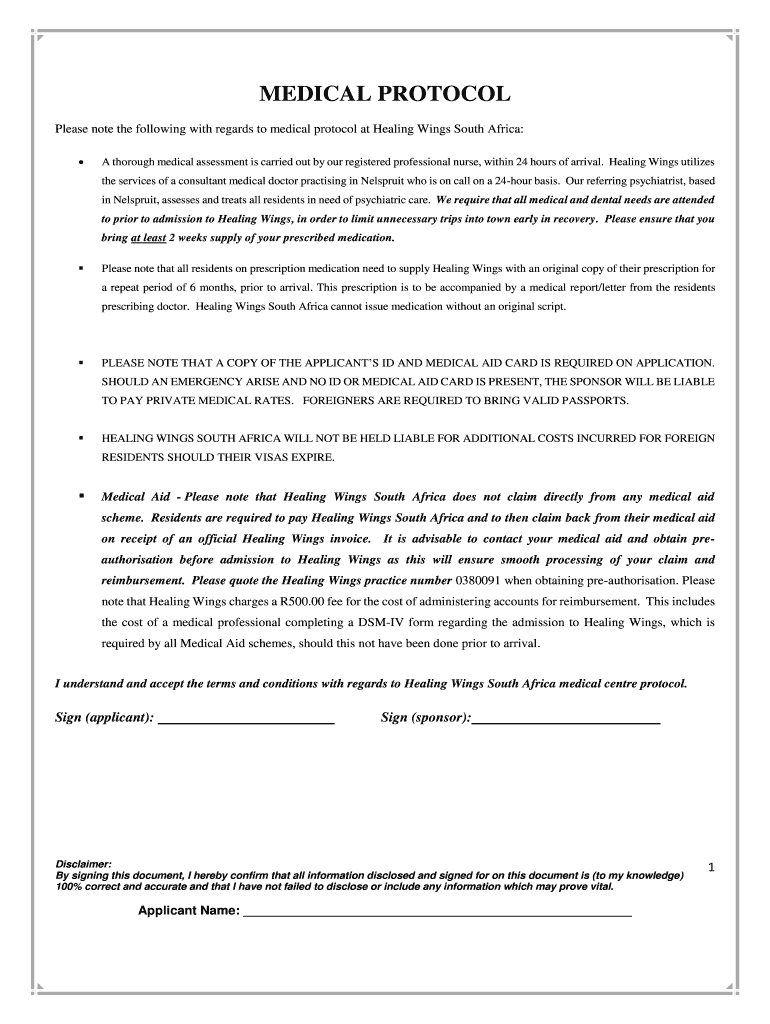 Fillable Online healingwings co MEDICAL PROTOCOL healingwings.co.za