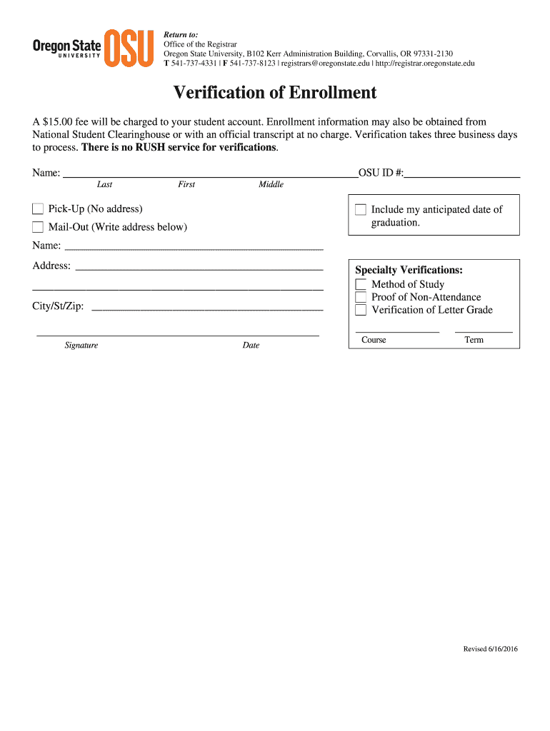 Fillable Online registrar oregonstate Verification of Enrollment