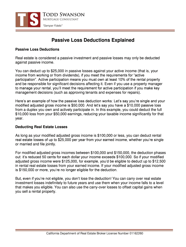 Fillable Online Passive Loss Deductions Explained Fax Email Print