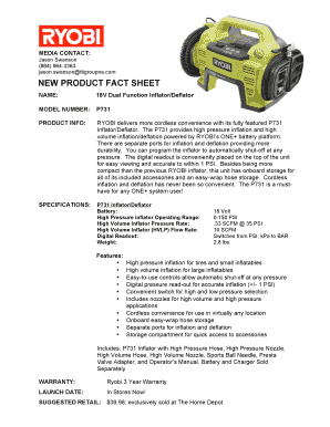 Fillable Online RYOBI P731 Inflator Deflator - Media Sheet Fax Email