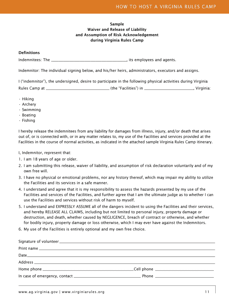 Fillable Online Sample Waiver and Release of Liability and