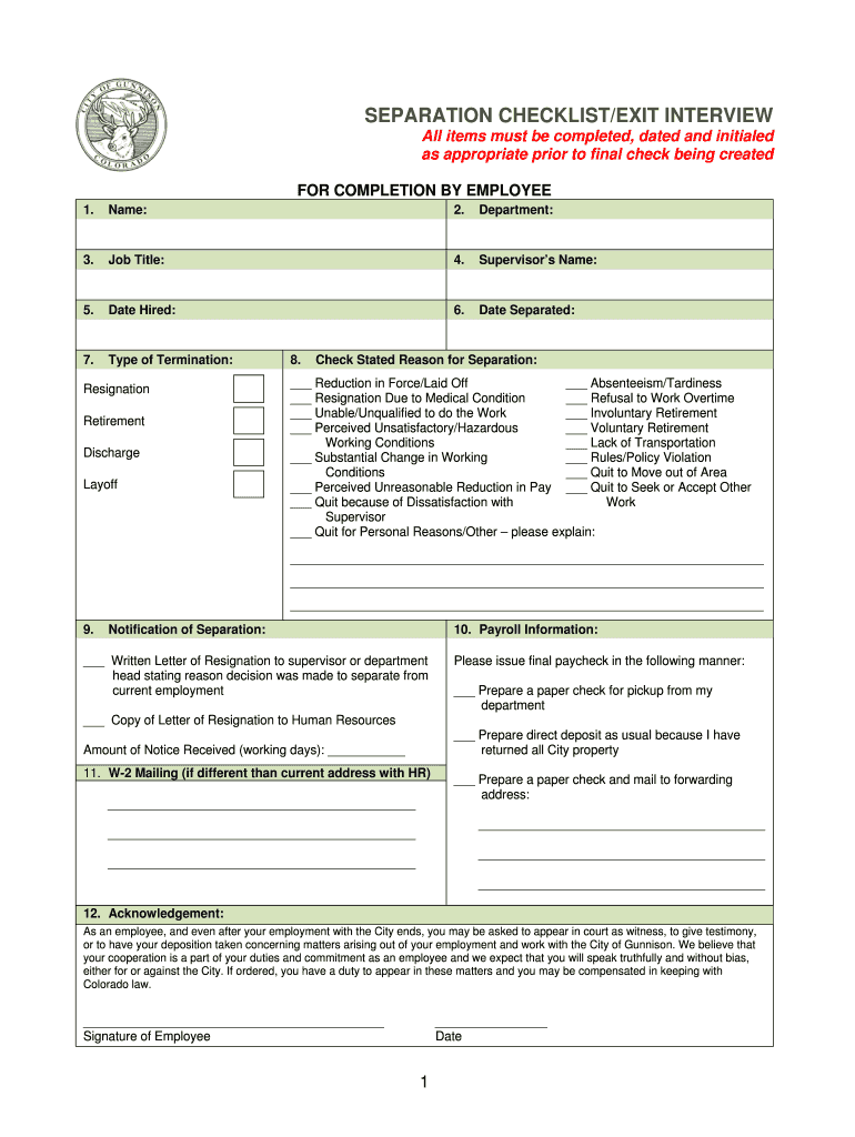 Fillable Online SEPARATION CHECKLIST/EXIT INTERVIEW Fax Email Print