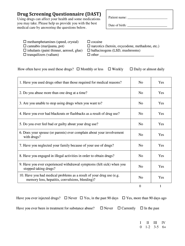 Fillable Online Drug Screening Questionnaire (DAST) Fax Email Print