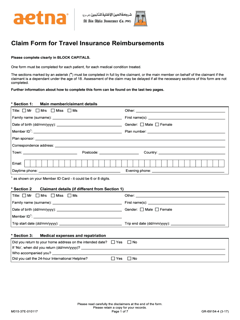 Fillable Online Claim Form for Travel Insurance Reimbursements Aetna