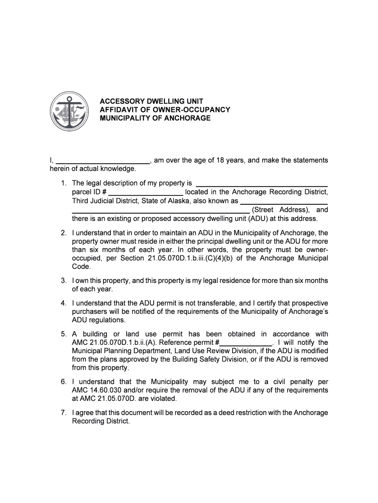 Fillable Online Affidavit of OwnerOccupancy for Accessory Dwelling