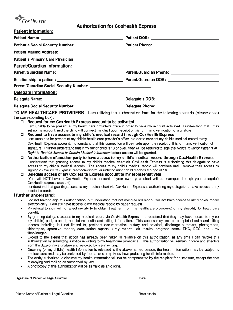 Fillable Online Authorization for CoxHealth Express Fax Email Print