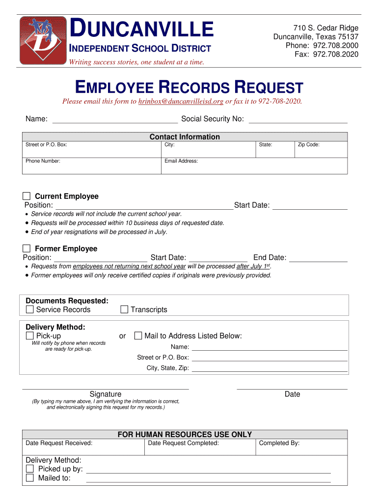 Fillable Online Service Record Request Online Form Duncanville ISD