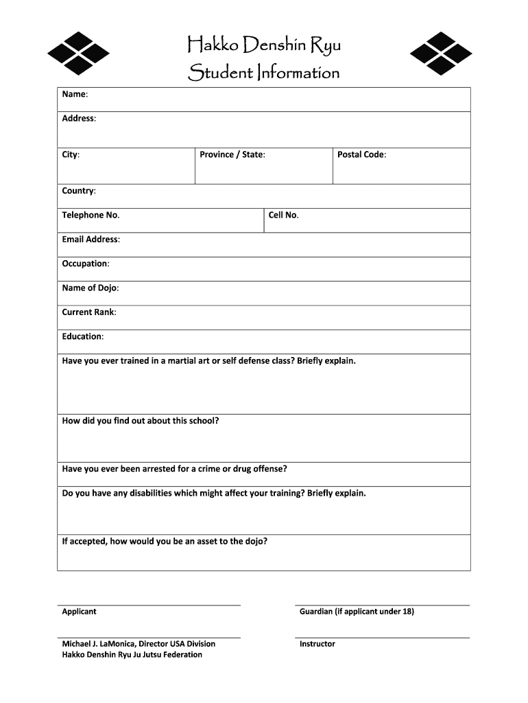Fillable Online HDRJJF Student Info Form fillable Fax Email Print