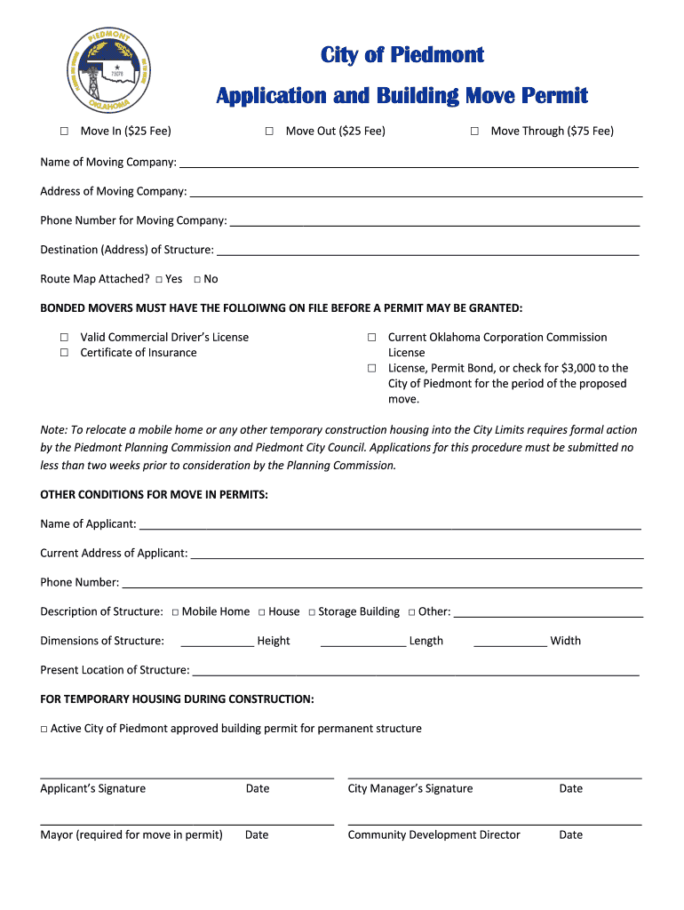 Fillable Online City of Piedmont Application and Building Move Permit