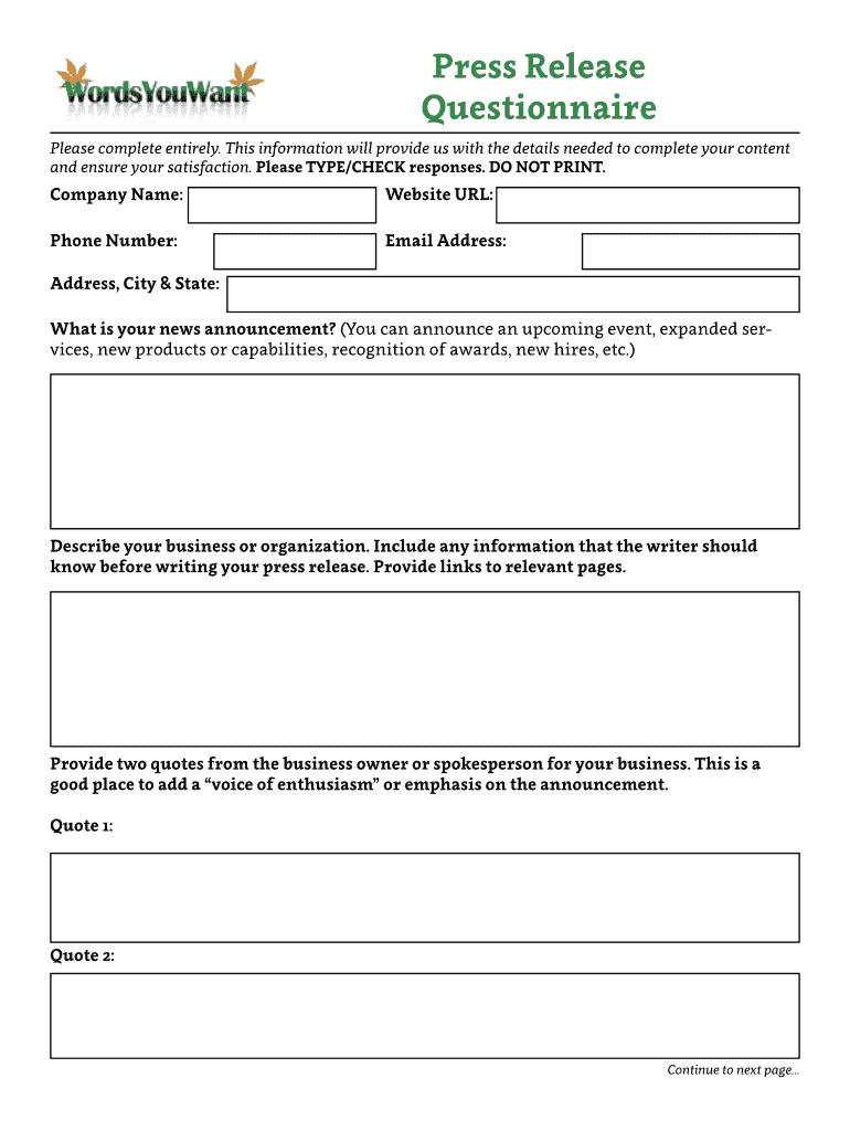 Fillable Online Press Release Questionnaire Words You Want Fax Email