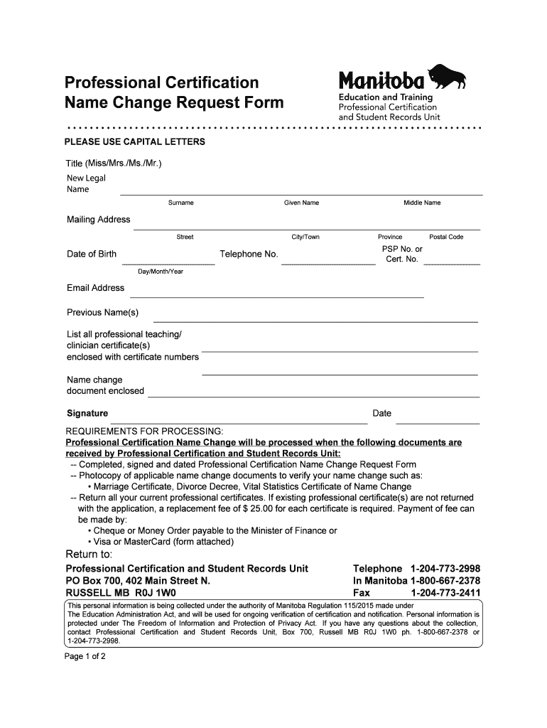 Fillable Online Professional Certification Name Change Request Form