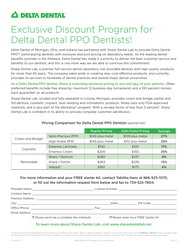 Fillable Online Sharp Dental Lab general discount flyer Delta Dental