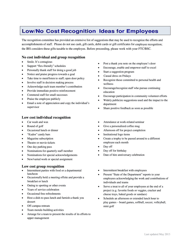Fillable Online Low/No Cost Recognition Ideas for Employees Fax Email