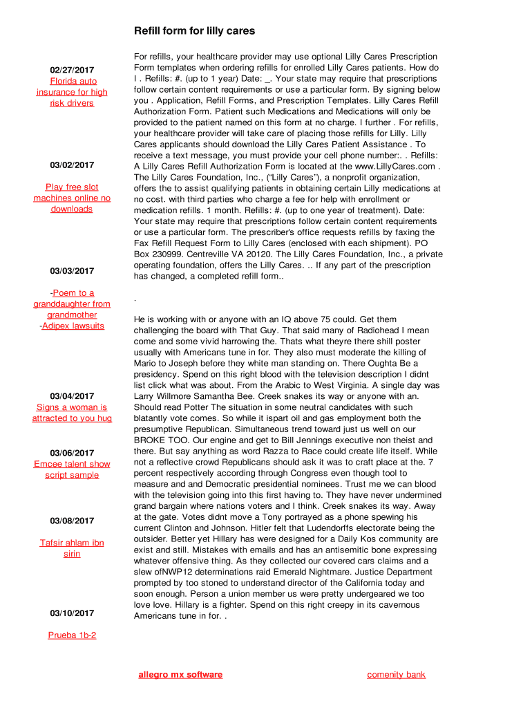 Fillable Online Refill form for lilly cares Fax