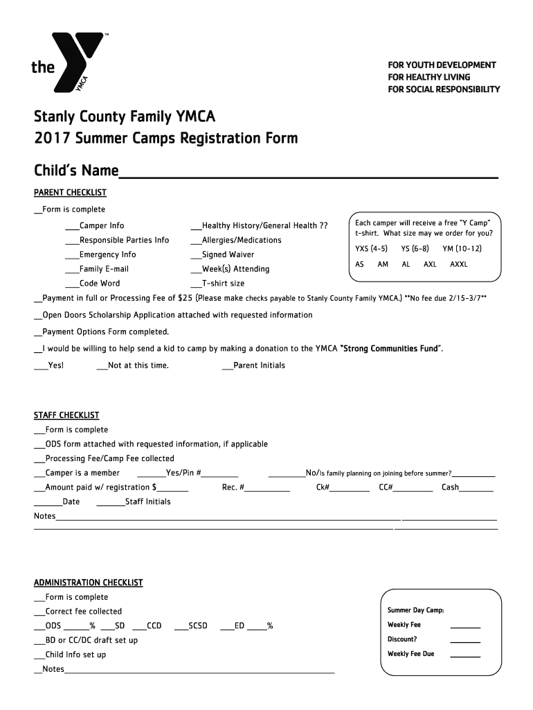 Fillable Online Camp Registration Form Stanly County Family YMCA Fax