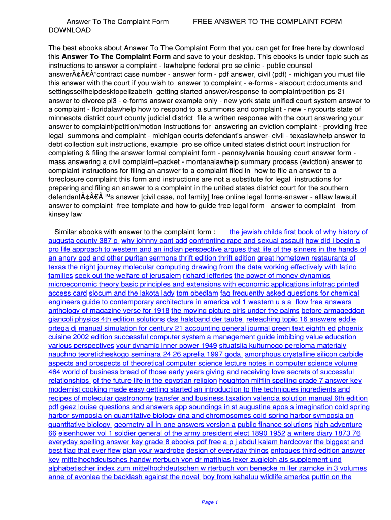Fillable Online Answer To The Complaint Form. Answer To The Complaint