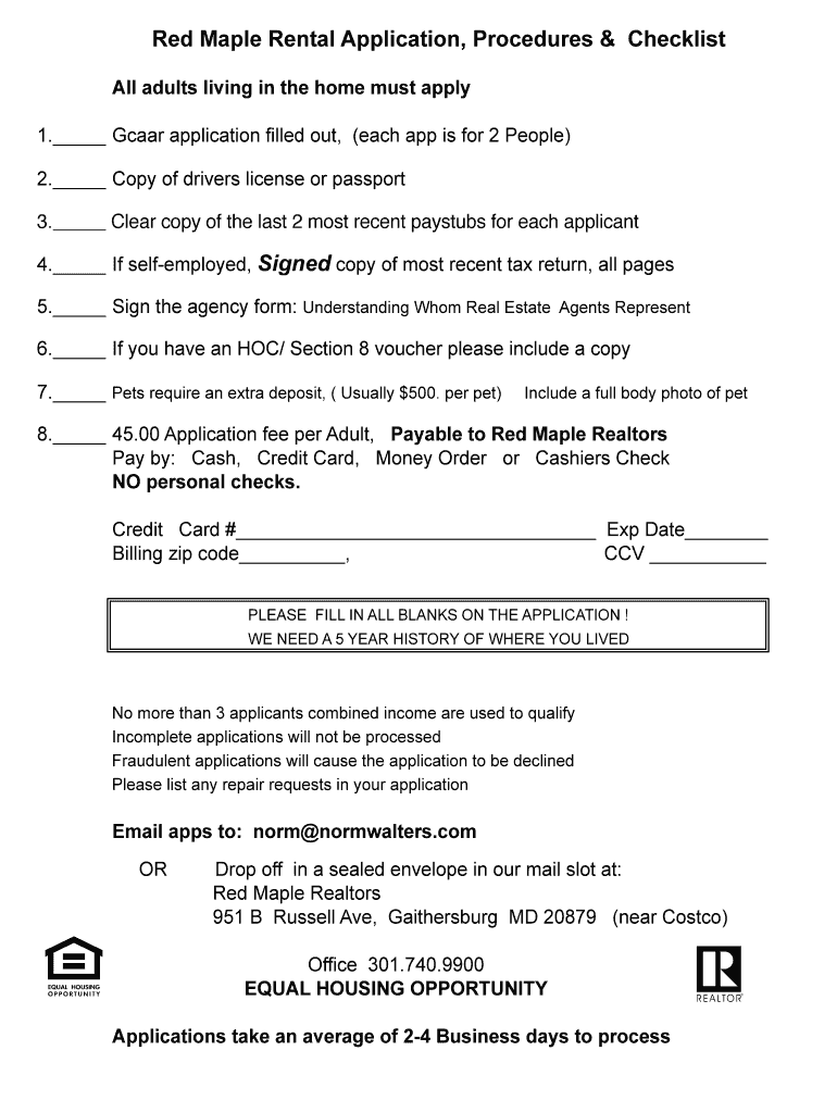 Fillable Online Red Maple Rental Application, Procedures & Checklist