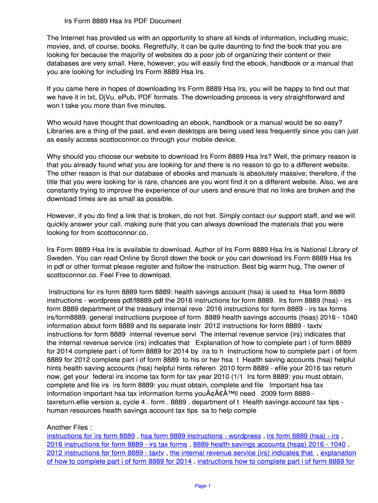 Fillable Online Irs Form 8889 Hsa Irs PDF