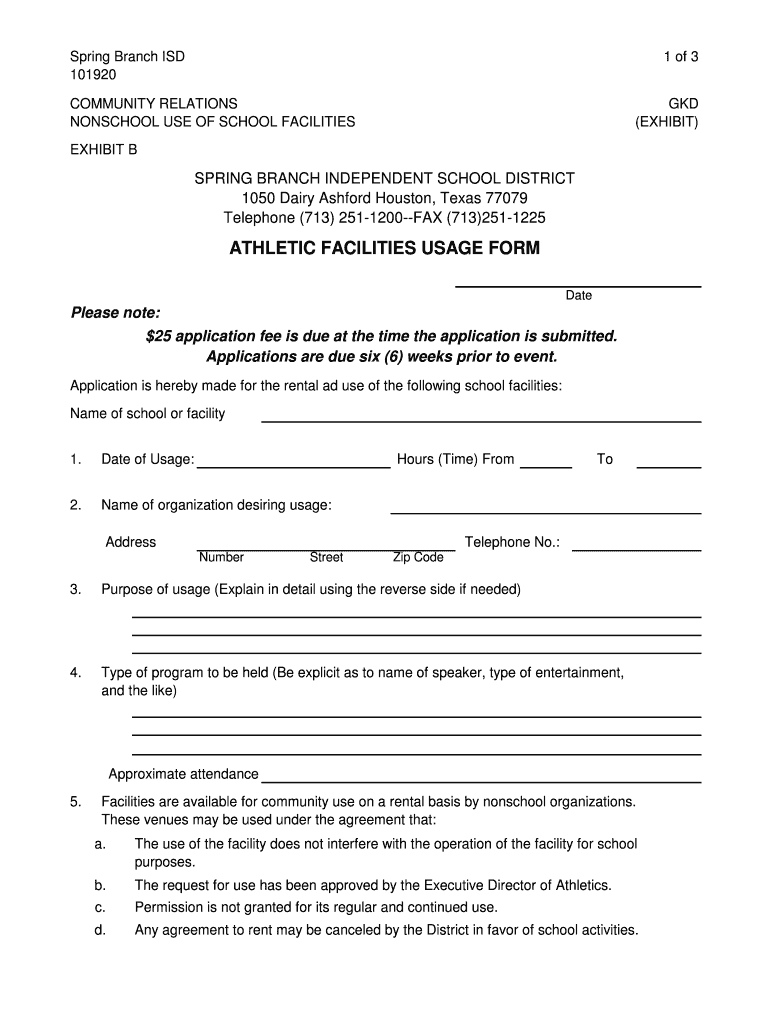 Fillable Online athletic facilities usage form Spring Branch ISD Fax