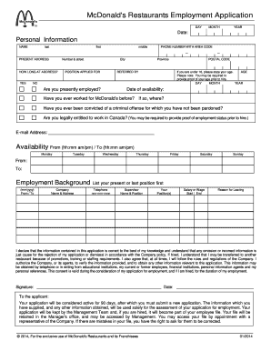 Fillable Online McDonald's Restaurants Employment Application Fax Email
