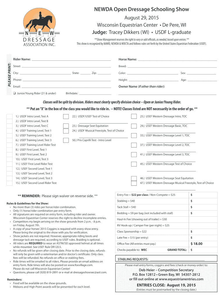 Fillable Online Wisconsin Equestrian Center De Pere, WI Fax Email Print