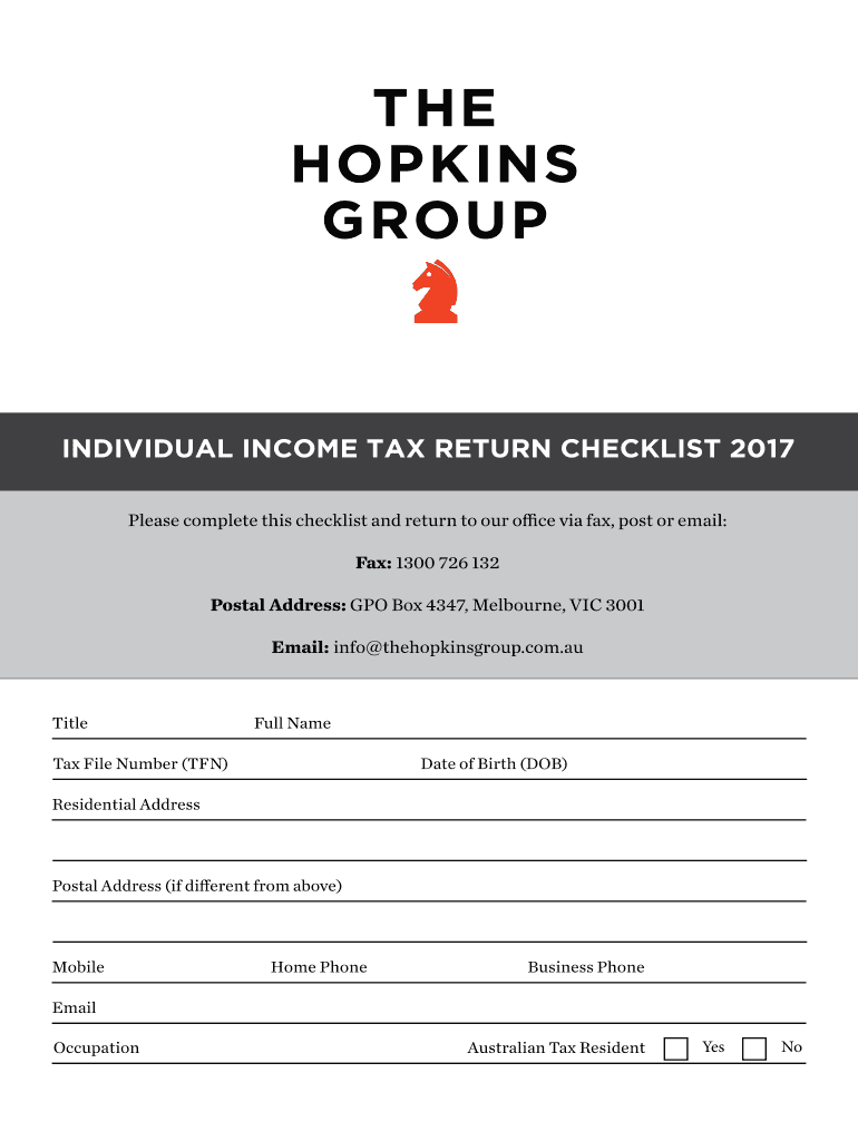 Fillable Online INDIVIDUAL TAX RETURN CHECKLIST 2017 Fax Email