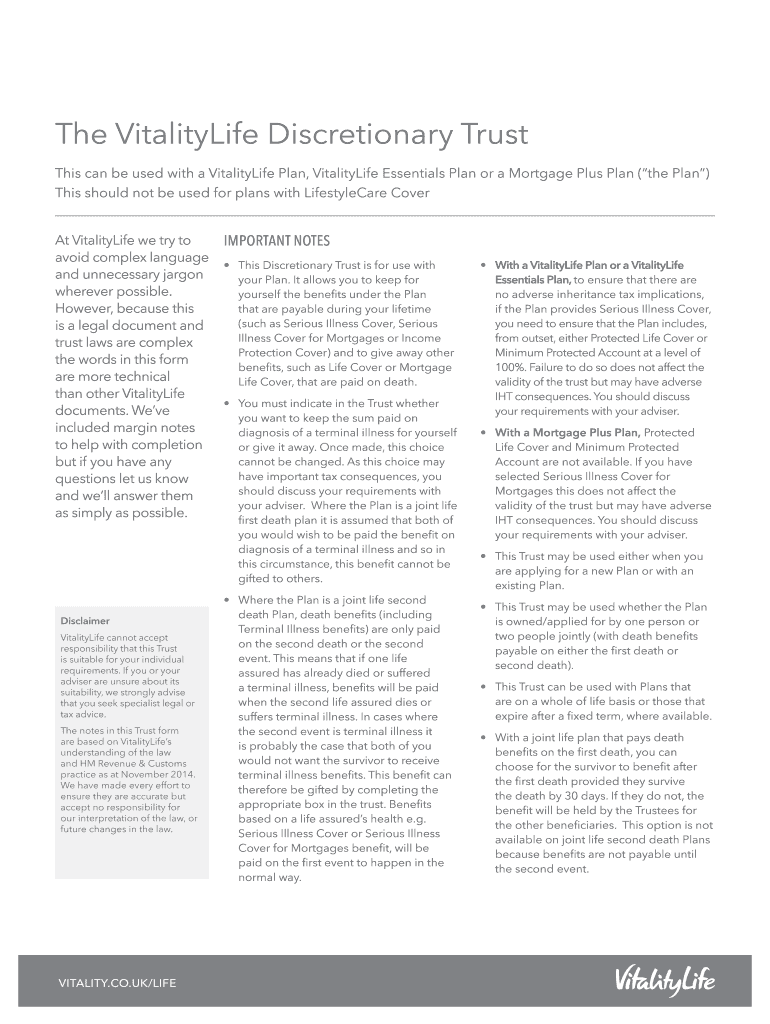 Fillable Online This can be used with a VitalityLife Plan, VitalityLife