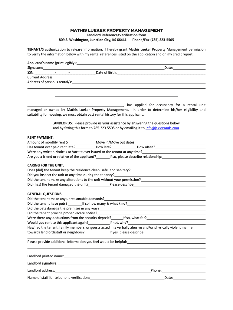 Fillable Online Rental References Release Form Junction City KS