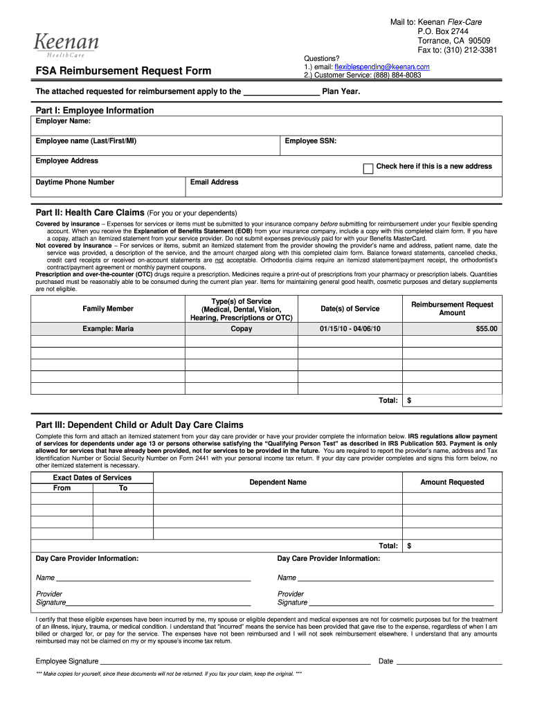 Keenan FSA Reimbursement Request Form Fill and Sign Printable