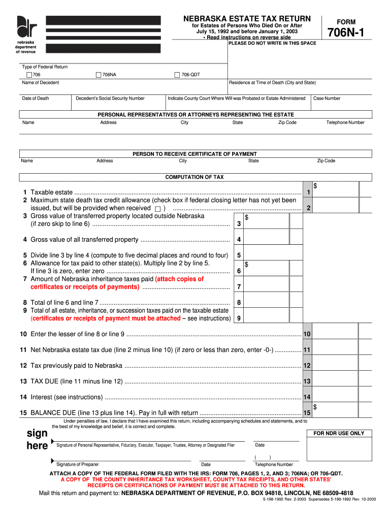 Fillable Online NEBRASKA ESTATE TAX RETURN 706N1 Fax Email Print