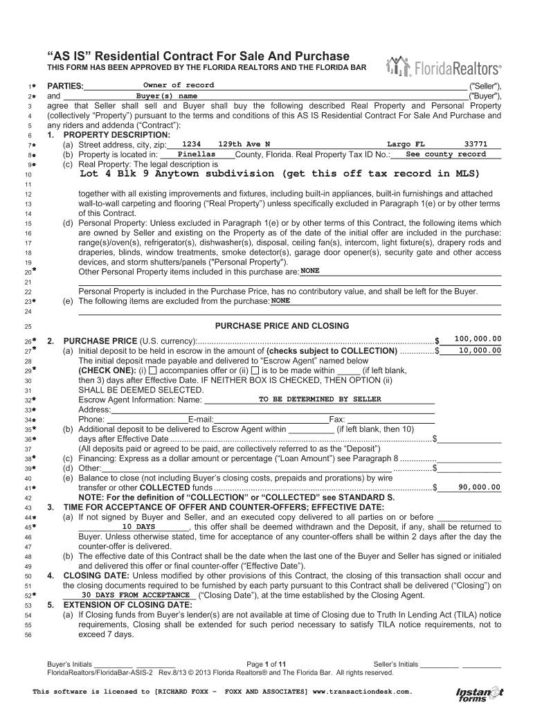 Fillable Online AS IS Residential Contract For Sale And Purchase THIS