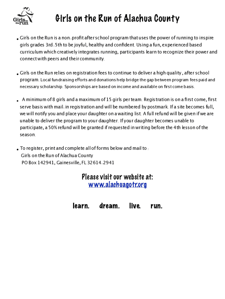 Fillable Online Girls on the Run Registration Form Girls Place Fax