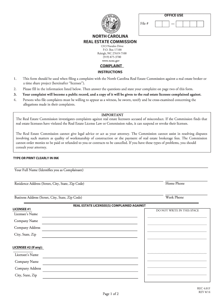 Fillable Online ncrec Form 4.01 Complaint.indd North Carolina Real