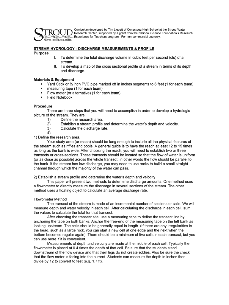 Fillable Online stroudcenter Discharge Measurements & Profile Methods Stroud Water