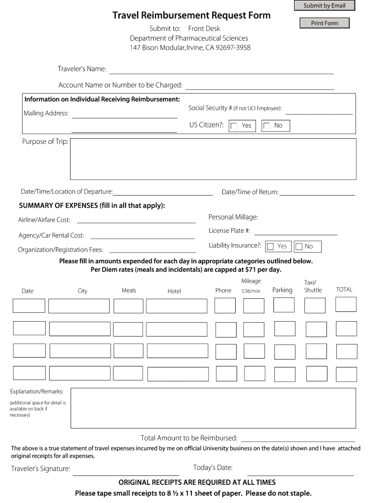 Fillable Online pharmsci uci Travel Reimbursement Request Form