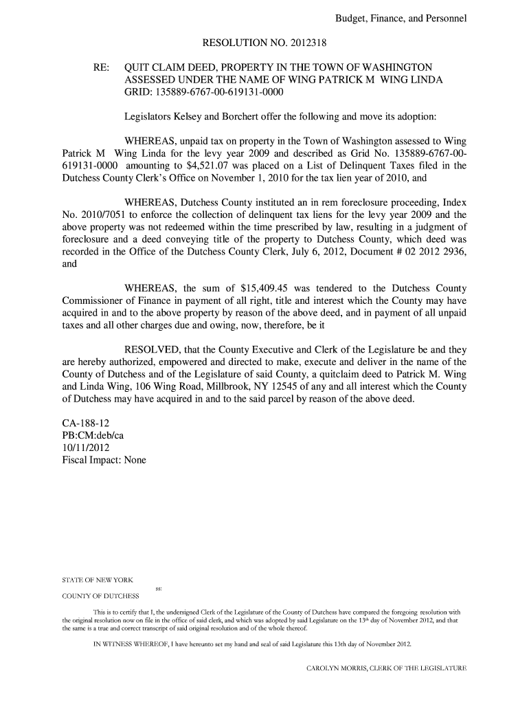 Fillable Online QUIT CLAIM DEED, PROPERTY IN THE TOWN OF WASHINGTON Fax