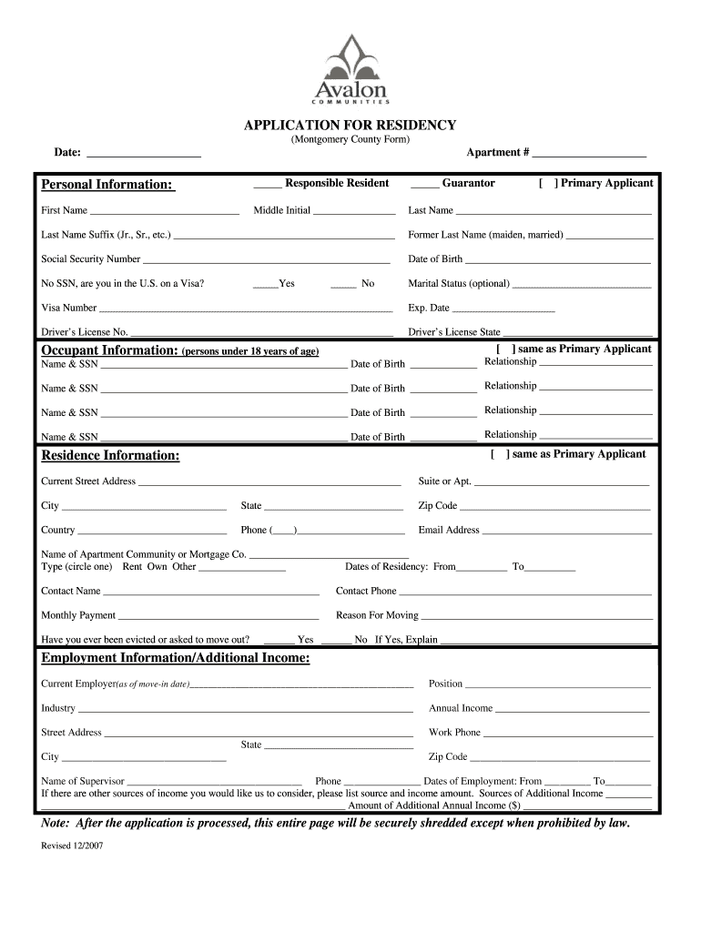 Fillable Online APPLICATION FOR RESIDENCY Personal Information