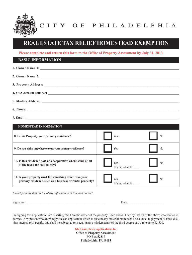 Fillable Online bellavistaneighbors REAL ESTATE TAX RELIEF HOMESTEAD EXEMPTION Please complete
