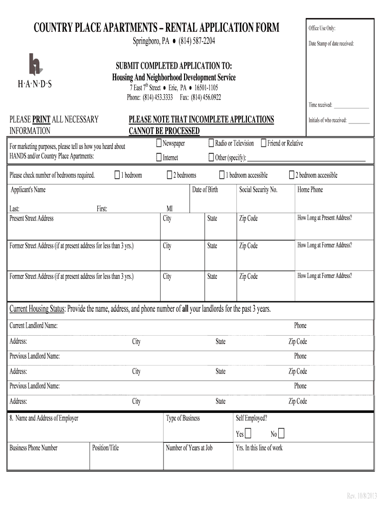 Fillable Online handserie Country place apartments rental application