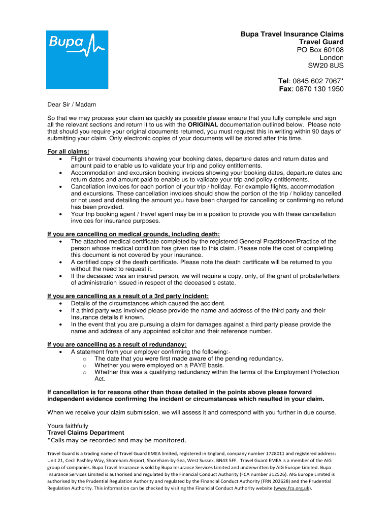 Fillable Online Cancellation claim form Bupa Travel Insurance Fax