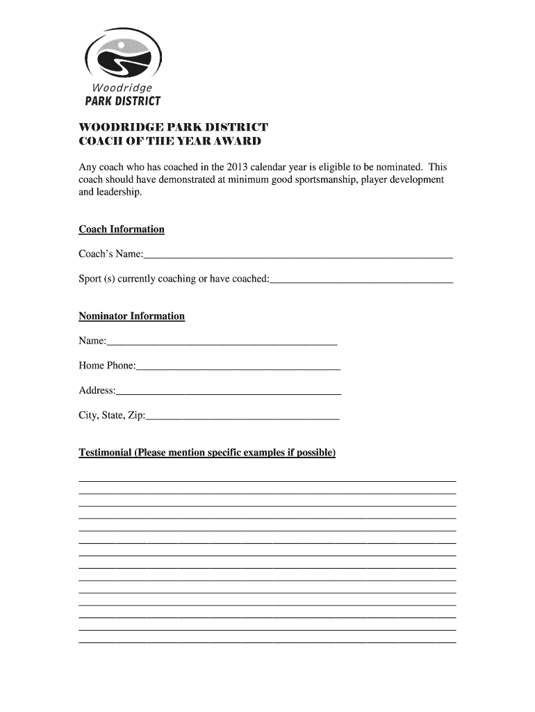Fillable Online Download nomination form Woodridge Park District Fax