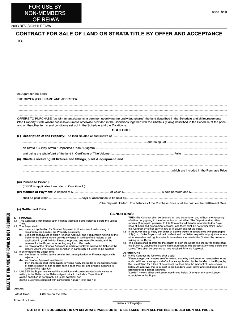 Fillable Online CONTRACT FOR SALE OF LAND OR STRATA TITLE BY OFFER AND