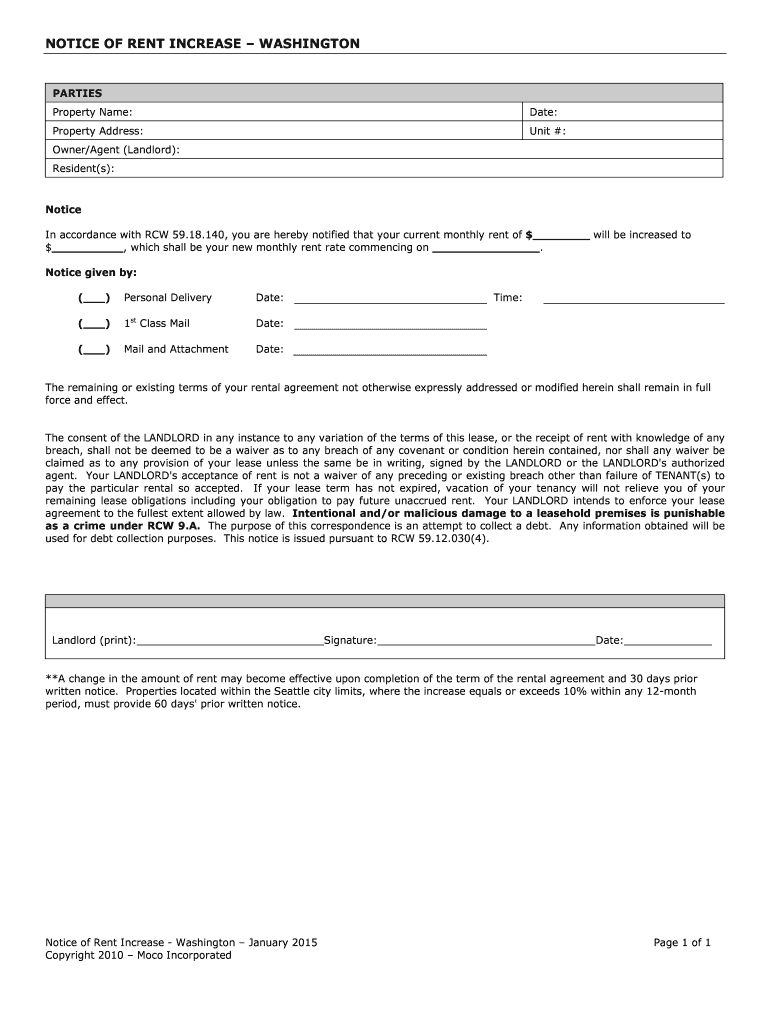 Fillable Online NOTICE OF RENT INCREASE WASHINGTON Fax Email Print