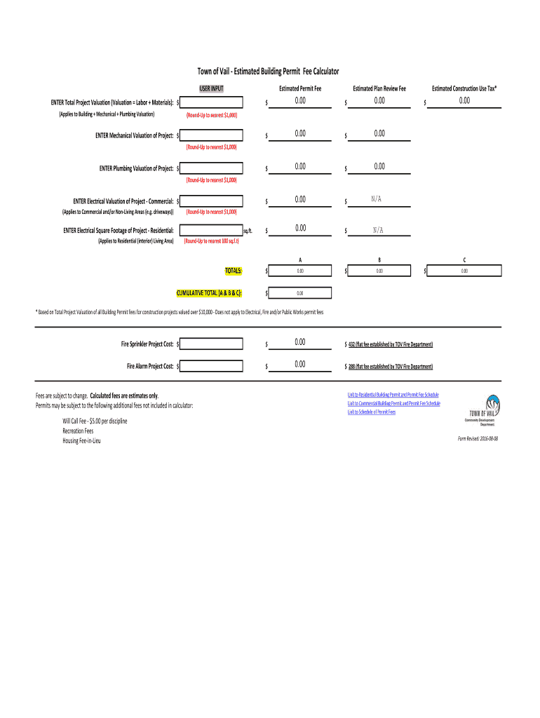 Fillable Online Town of Vail Estimated Building Permit Fee Calculator